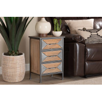 Baxton Studio AM19135-OakGrey-NS Baxton Studio Laurel Rustic Industrial Antique Grey Finished Metal and Whitewashed Oak Brown Finished Wood 3-Drawer Nightstand